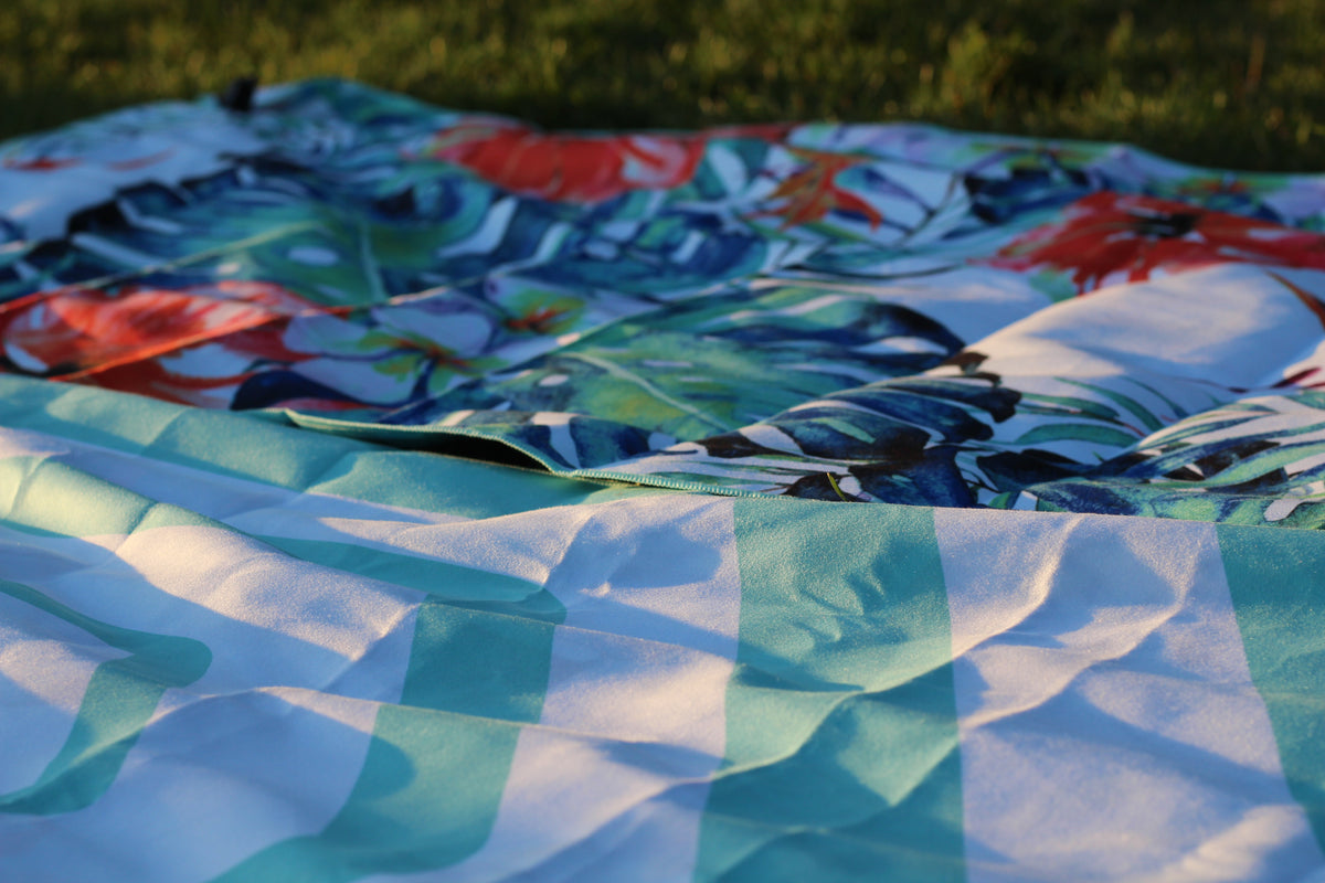 Fly The Coop Botanic towel at Lebanese beach — fast-drying nylon
