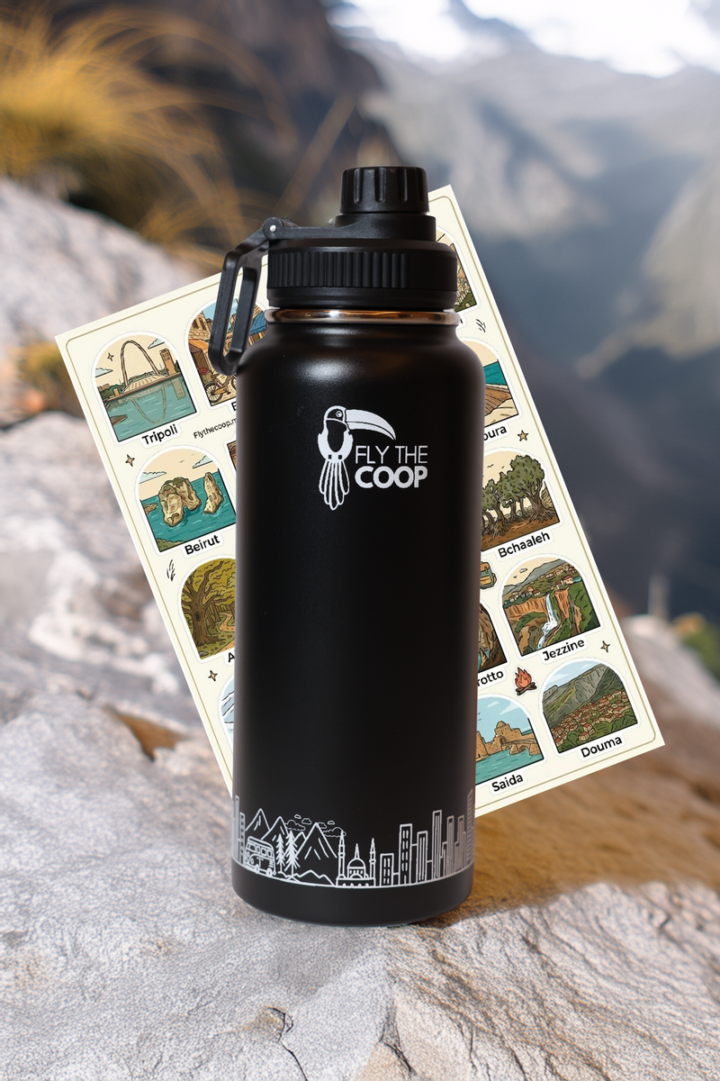 The Map Bottle, a 1 litre aluminium water bottle with Lebanon region stickers