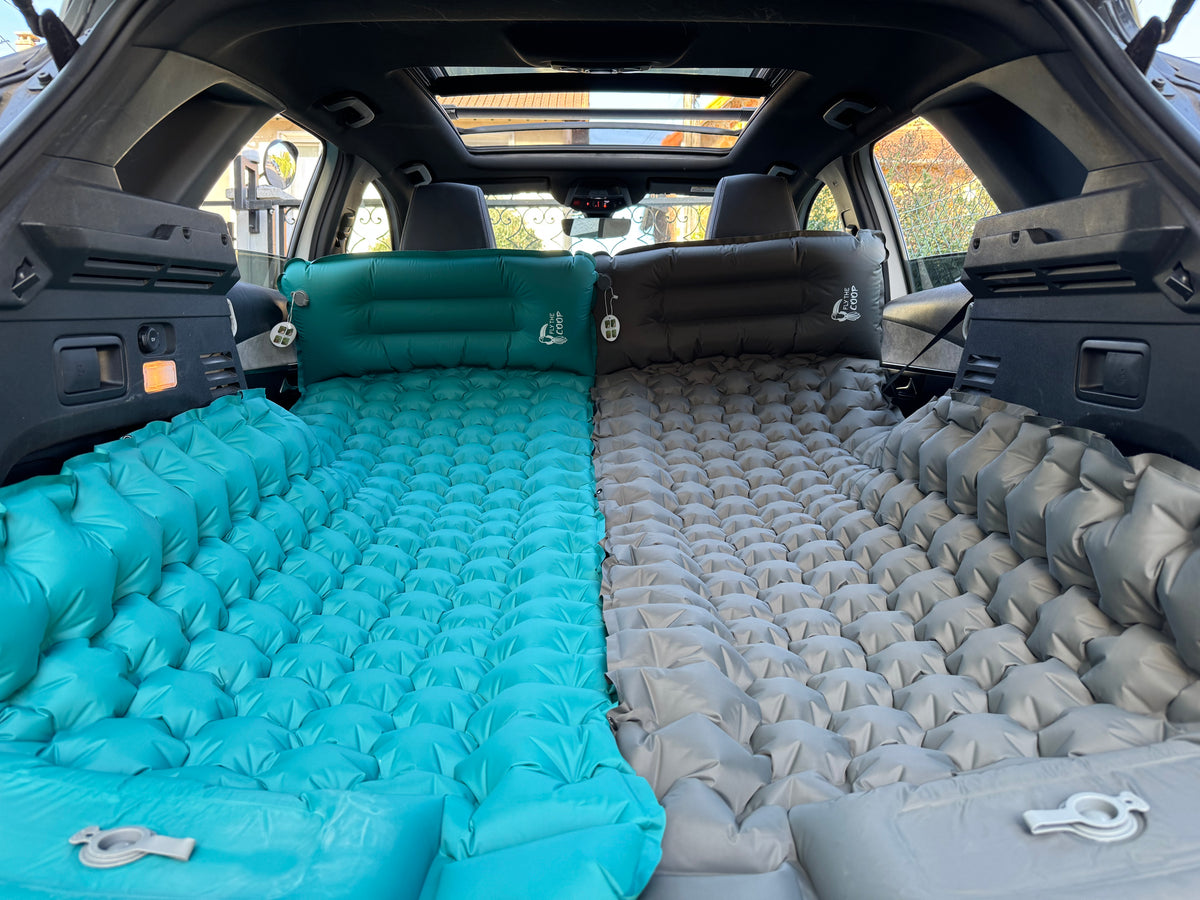 Fly The Coop Cloud inflatable mattresses stacked together — camping Lebanon